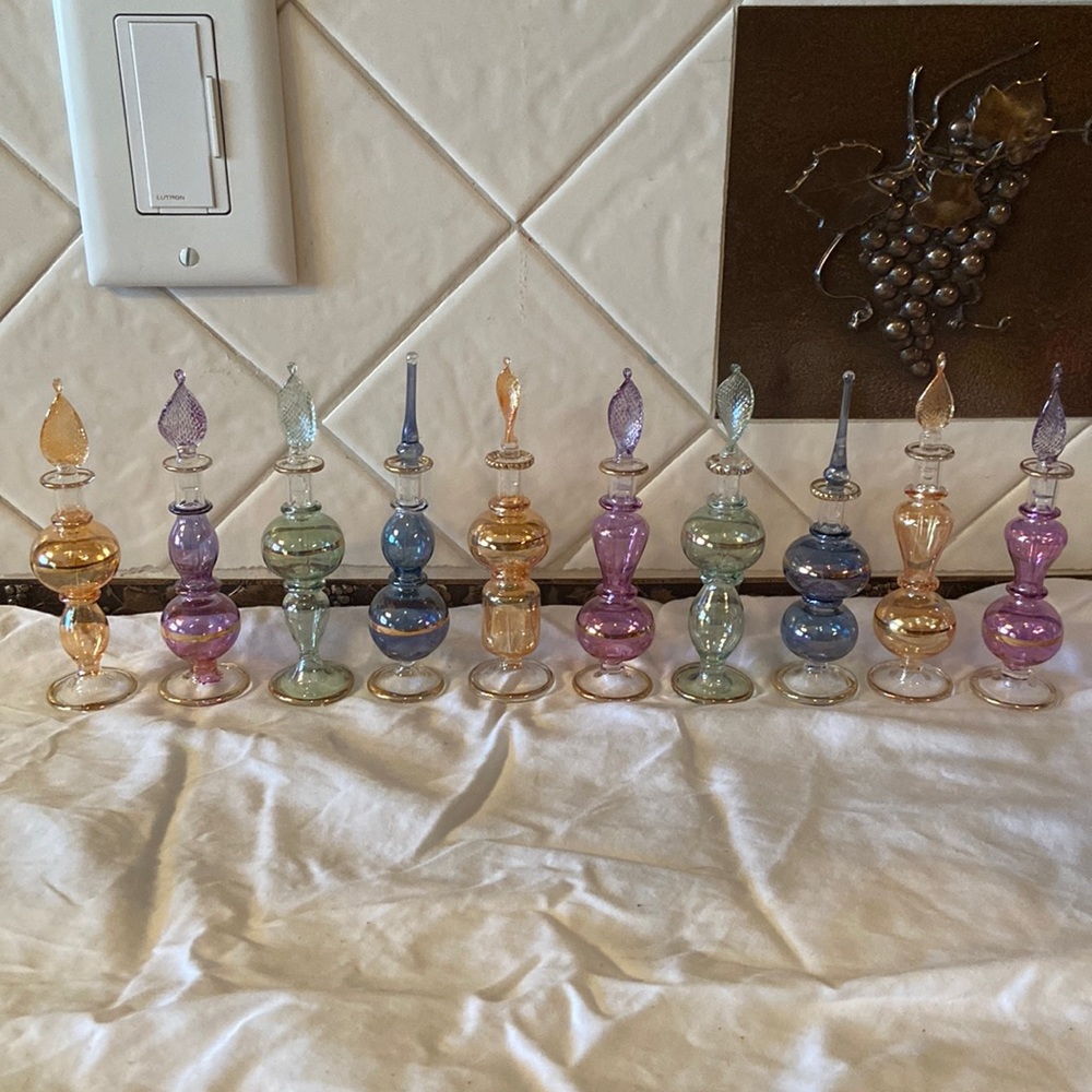 10 Egyptian hand blown perfume bottles multi color and shape